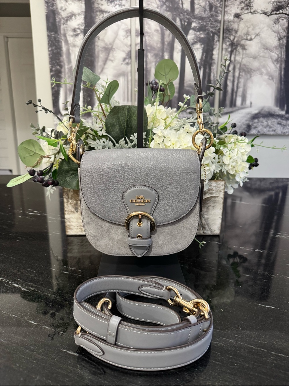 🩶COACH Gray Mini Saddle Bag Pebbled Leather Suede Top Handle Crossbody - Picture 3 of 14